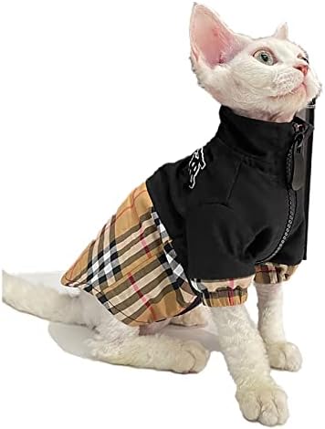 Кошули за мачки за мачки само мода пролетна есенска патент маица палто гроздобер карирана маица со висока јака маица Сфинкс облека маче домашно