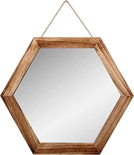 Емфого Виси Ѕид Огледало со јаже 14 инчен Мал Декоративен Огледало Шестоаголник Рустикален Дрво Рамка Огледало За Фарма Куќа Ѕид
