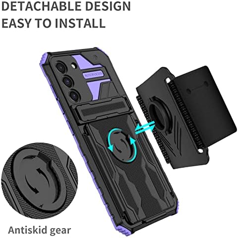 Случајни пакети за покривање на телефони Компатибилен со Samsung Galaxy S21 Fe Case, 360 ° ротирачки и одвојлив спортски рачен зглоб, воена