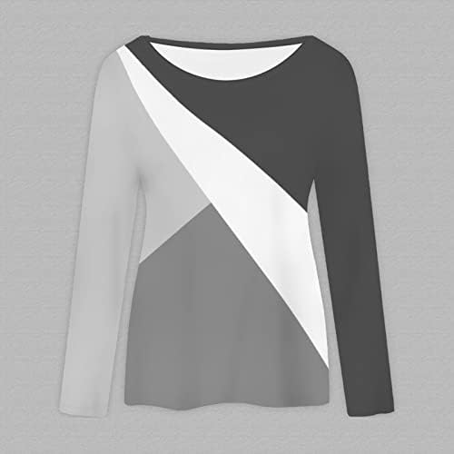 Плус големина на тренингот врвови, женски геометриски блок во боја y2k гроздобер маица лабава вклопена долга ракав екипаж на блуза фустана туника