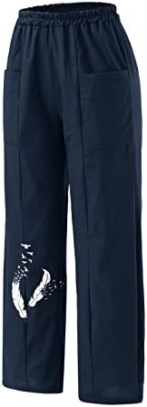 Женски памучни постелнини обични панталони плус големина пердув печати широки панталони за нозе Еластична половината Баги палацо панталони