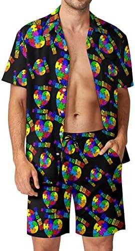 Аутизам срце загатка за сложувалка за аутизам мажи 2 парчиња хавајски постави копче-долу лабава фит маици кошули панталони