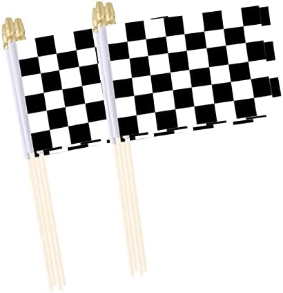 Lebei Checked Racing Racing Lage Car Flag Mini мали црно -бели рачни знамиња со стапчиња 4x6 инчи 12 пакувања