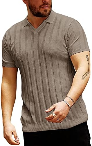 Менс обичен тенок фит основни врвови со кошула со кратки ракави маички маички ребра плетени џемпер на пулвер пулвер