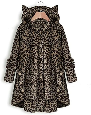 Rmxei женски палта Зимски жени модно копче со качулка со мачки уши кадифен неправилен џеб палто за појавување на боја