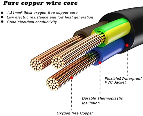 Внатрешен затворен црн кабел за продолжување 10 ft Водоотпорна- тешка должност 16/3 мерач Црн електричен продолжение кабел -3 заземјен приклучок