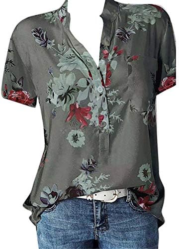 Andongnywell Women v вратот копче со краток ракав Туника на врвови надолу шифон кошули цветни печатени блузи врвни туники