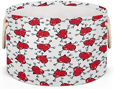 Црвени срца срцеви крпи Loveубов големи тркалезни корпи за корпи за перење алишта со рачки ќебе корпа за складирање за полици
