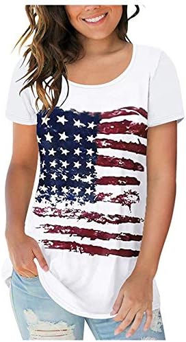 4-ти јули кошули жени во САД со маица со знамето летни обични врвови на кратки ракави ленти ленти за вратоврска удобна лабава кошула Туника