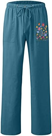 Kcjgikpok жени постелнина панталони, обичен еластичен-половински права нога еластична памучна памучна лента со панталони со џебови
