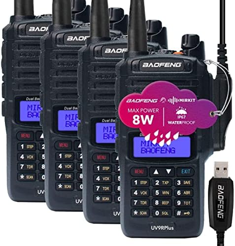 4x Миркит водоотпорен радио Baofeng UV-9R Plus Mk1 8 Watt Max Power With 2200mah Baofeng Battery & 1x Baofeng Cable Cable, IP67 рачен радио прашина, ладно и водоотпорно радио