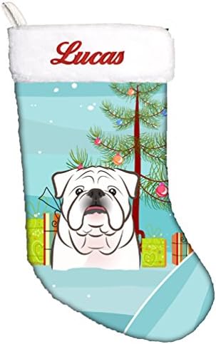 Каролина богатства BB1592CSEMB новогодишна елка и бел англиски булдог персонализирано Божиќно порибување, камин виси чорапи Божиќна сезона