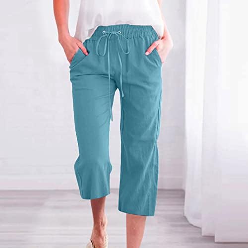 Oplxuo жени памучни постелнини капри панталони исечени дното на влечење еластична половината права панталони обични цврсти удобни панталони