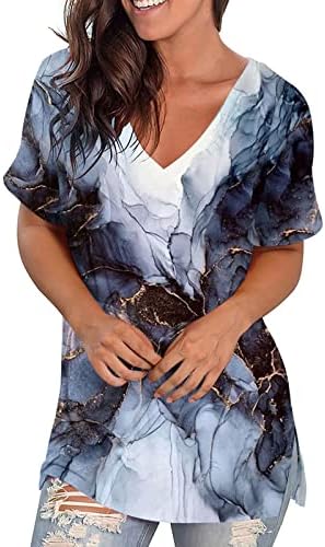 Womanена е женска кошули за секојдневно печатење против вратот кратки ракави маички врвови тунична блуза плус големина женски графички