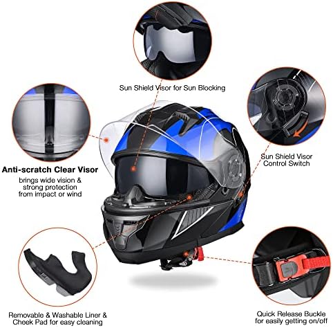 АХР моторцикл шлем со двојна визир модуларен превртување на целосна кацига за лице, одобрена шлем за шлем-м3 за возрасни мотоциклички