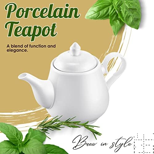 Flexzion Porcelain чајник, керамички чај тенџере со капак и цедилка, личен чајник за 2 до 3 чаши од чај, 24 унца чиста бела керамичка чајник,