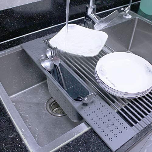 Qpey Roll Up Rack Shaping Rack над мијалникот ， Редовно решетка за сушење на садови со повеќе функции