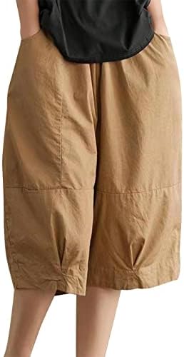 Памучни постелнина панталони од мемија, дишејќи високо половината, испукана истегната боја цврста боја лабава вклопена широка нозе каприс со џебови