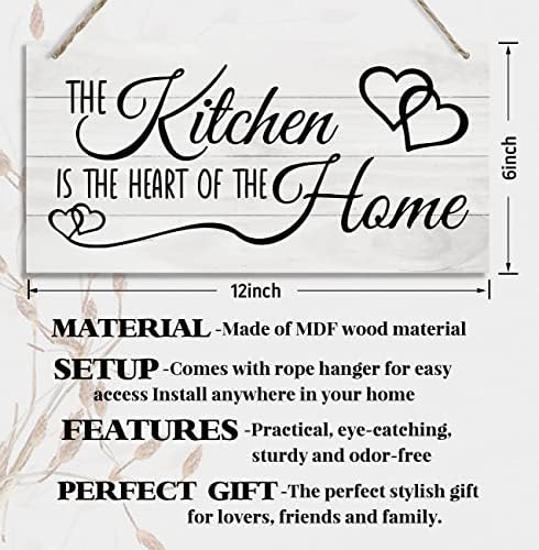 Знак за украси од кујна од дрво, кујната е срцето на домот, виси печатено дрвен плакета декор, рустикална срцева wallидна уметност,