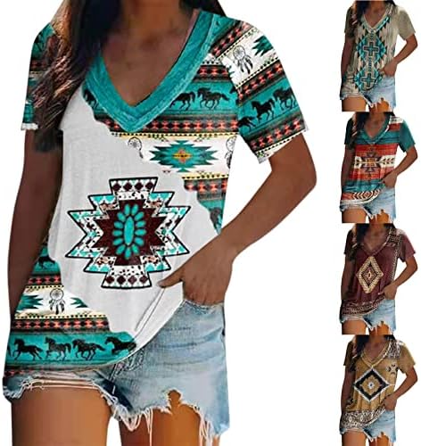 Ubst Women'sенски западен етнички стил Печатена печатена маици со вратот, дами кошули со кратки ракави, врвови на блузи, џемпери за блузи