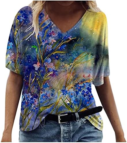 Nokmopo женски кошули случајни плус големина мода случајна плус големина цвеќиња печатење на врвови за маици на вратот