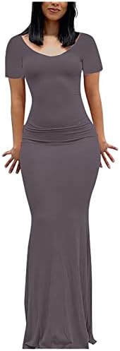 Lmудан женски каросерија макси фустани мода цврста боја дневна лизга долга фустан секси краток ракав o врат -молив фустани