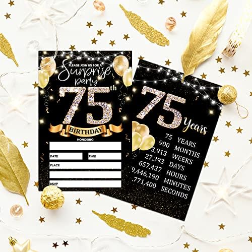 Картичка За Покана за Забава за 75-ти Роденден-Црно Злато Поканува Со Печатење На Роденденски Знаци На Задната Страна Двострани Покани За