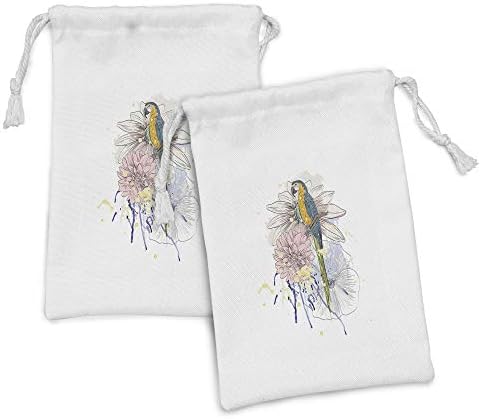 Ambesonne Тропска ткаенина торбичка сет од 2, папагал птица што седи на Дахлија маргаритка и хибискус цвет букет ефект на четка за четкички,