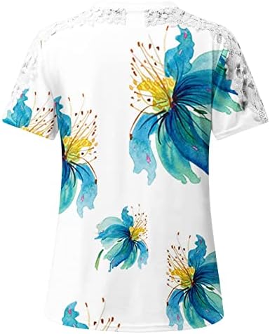 Women'sенски врвови лето цветни печатени печатени чипка, чипка од капчиња со кратки ракави со кратки ракави, обични кошули
