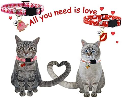 Кушоу 4 Спакувајте Јаки За Мачиња За Денот На Вљубените Мачка Со Ѕвона Отцепена Јака За Мачиња Со Шармантни Приврзоци Јаки Прилагодливи За
