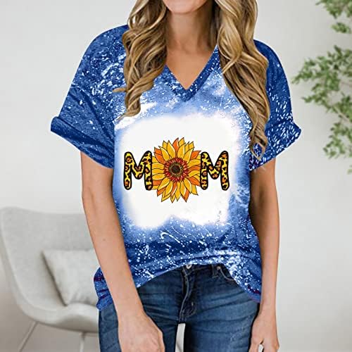 Мама графички маички за жени, v вратот со кратки ракави цветни маички летни маички со ракави врвни едноставни меки меки