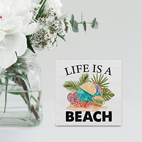 Крајбрежна плажа живот дрво кутија знак за декорација на биро за плажа цитат дрвена кутија блок знак летен знаци фарма куќа дома полица