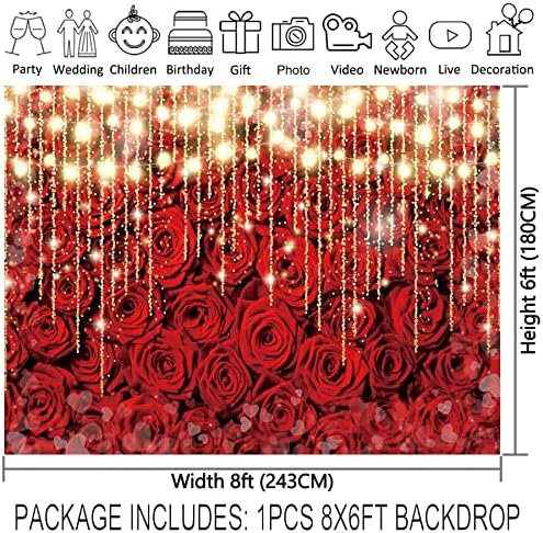 96x72Inch Денот на вineубените Заднината црвена роза светлина сјај, романтична цветна wallидна фотографија Позадина роденден за забава