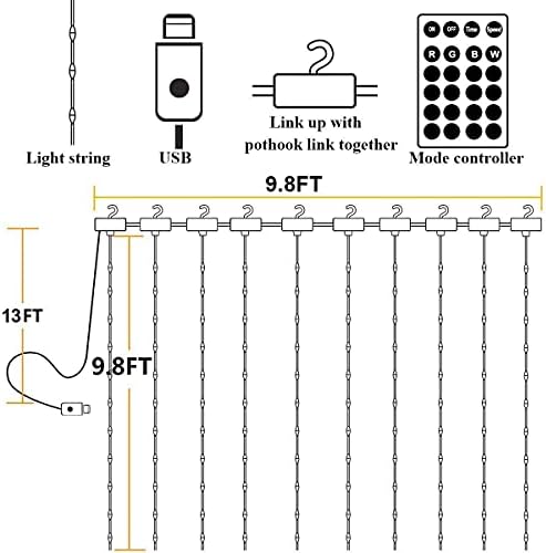 16 бои Промена на LED светилки за завеси, 300 LED 9,8 ft x 9,8ft осветлени, 11 режими на осветлување со далечинските светла за самовила,