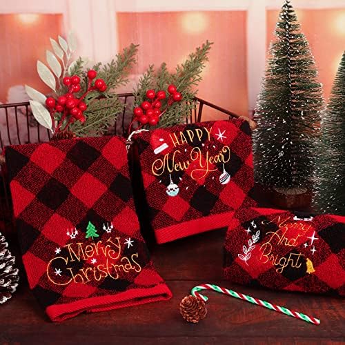 Мекеист 3 Спакувајте Божиќни Крпи за Раце 14 х 25 Инчни Памучни Крпи Везени Божиќни Крпи За Бања Црвени И Црни Биволи Карирани Крпи