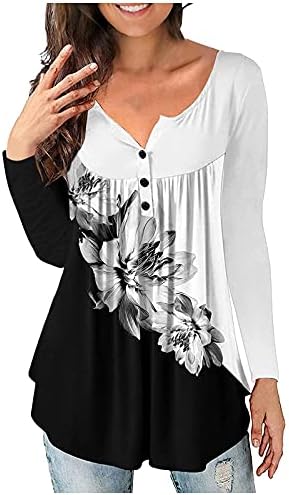 Маичка мачна маичка со долги ракави маица дама зимска копче предната гроздобер маичка наметка u-врата за печатење лесна тенка тенка тенка