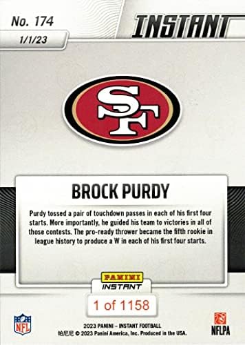 2022 Panini Instant Football 174 Brock Purdy Rookie Card 49ers - направени само 1.158!