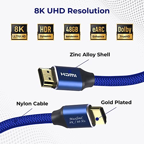 МАКСЛИН Кабел Со Голема Брзина 8K HDMI Кабел 2.1, 6 ft, Blue Gaming HDMI Кабли, 48Gbps 28AWG, Поддржува 3D HDR eARC HDCP 2.2 2.3,