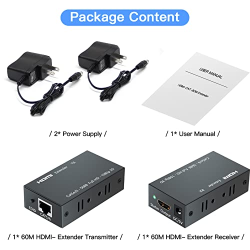 Bcrokory HDMI Extender до 60 метри/196ft, 1080p HDMI предавател и приемник, HDMI Ethernet Sender Repeater Over Singal RJ45 CAT5E/6/7 Ethernet