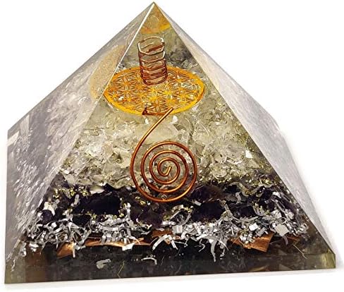 Оргонит продавница изобилство оргон пирамида 2 слоеви на природни камења кристален кварц и аметист со симбол на цвеќето на животот