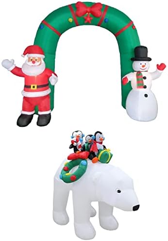 Два божиќни украси за украси, вклучуваат 10 нозе високи надувување на лак со Дедо Мраз и снежен човек, и 8 нозе високи надуени