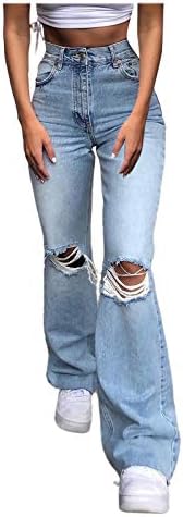 Женски обични фармерки со широки нозе гроздобер фармерки со тексас панталони со дупка со средно половината тинејџерски девојки фармерки