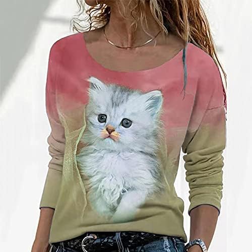 Женски слатки мачки печатени графички маици со екипаж на екипаж на долги ракави влезови обични тунични новини за маица маица врвови блуза