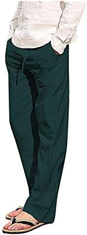 Панталони со панталони со права нозе за мажи плус памучна постелнина долги панталони лабави случајни влечења со џеб со џеб
