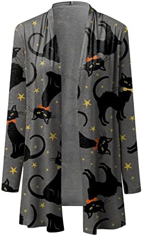 Женска Ноќта на вештерките обични блузи животински мачки печати кардиган палто со долг ракав врвови смешни отворени предни кардигански маици