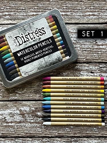 Ranger Ink Tim Holtz Distress Atquolor Pencils - Поставете 1 - пакет од 12, детална четка за вода и пакет на акварели за акварел - 4,25 x 5,5-20