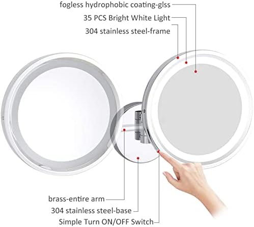 Сметки за прекинувач за паметни сензори за Zaahh со светла и зголемување, Chrome LED wallид монтиран суета огледало, огледало за