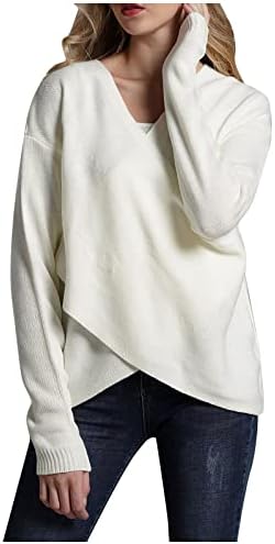 Prdecexlu колеџ за одмор џемпер за жени со долг ракав елегантен асиметричен цврсти џемпери Jerseyерси V вратот Дише