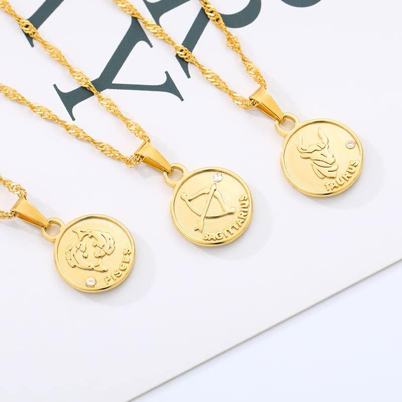 T3store Round Pendant Zodiac Sign Minimalism накит за женски девојки Водолија Пики Sagittarius ѓердани BFF-розово злато боја-N00999-2-Aquarius-70560