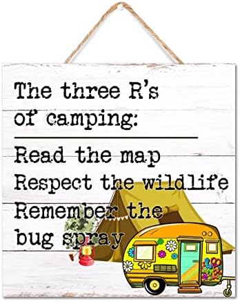 Три правила за кампување дрвен знак 8x8in гроздобер рустикален дрвен wallид украси Домаќинство за подарок идеја среќна кампување безбедност